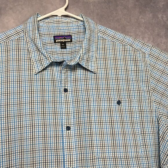 Patagonia Mens Seersucker Shirt size XXL Short Sleeve Button Up Blue Check Plaid - Picture 1 of 16